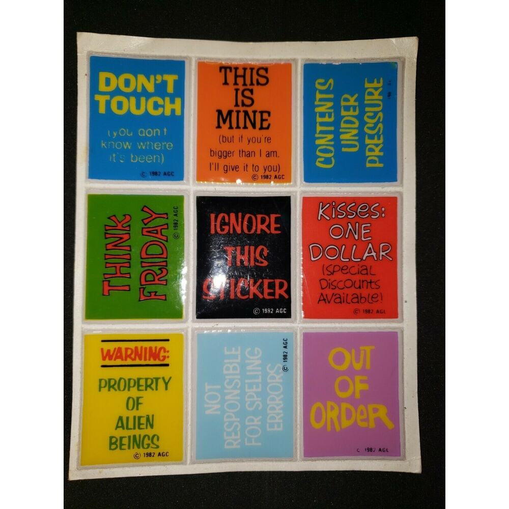 Vintage 1982 AGC Funny Sayings Signs Puffy Sticker‎ Sheet New Old Stock
